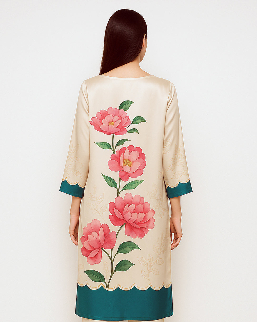 Ivory Silk Kurta with Pink Floral Print