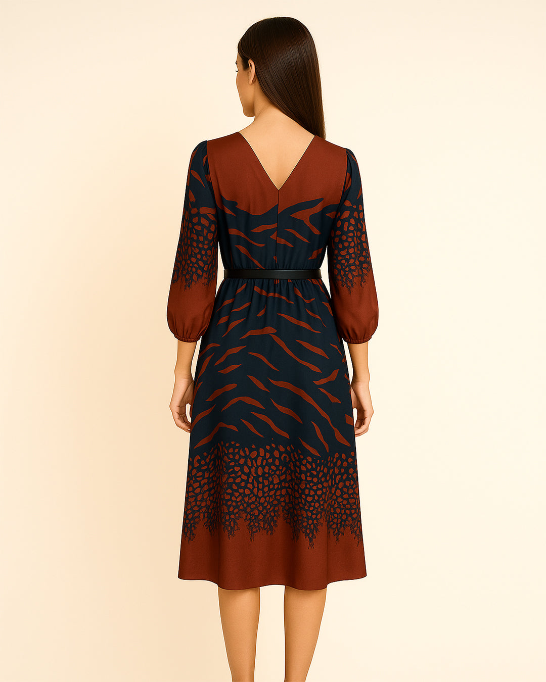 Rust & Black Animal Print Wrap Midi Dress