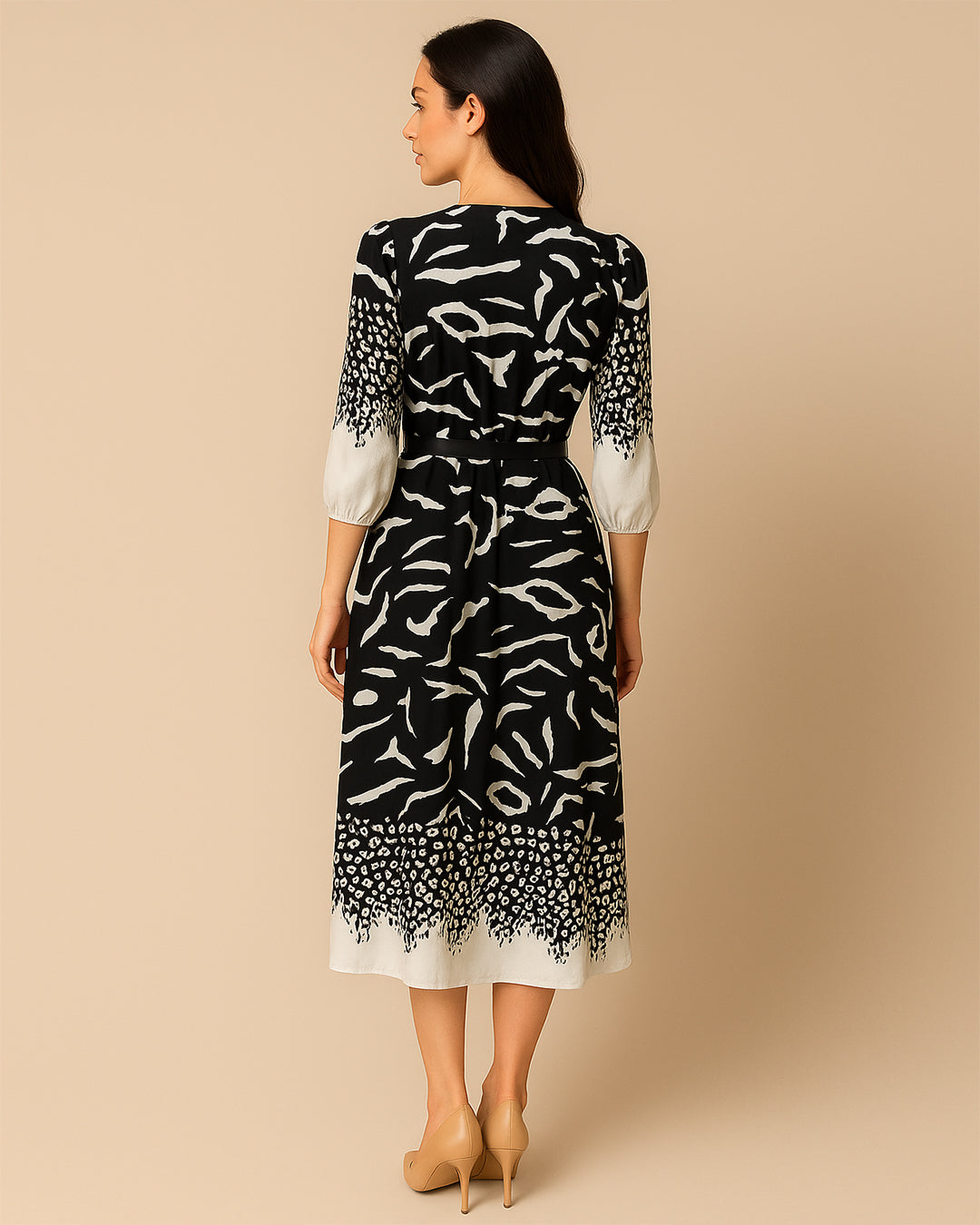 Black & White Wrap Midi Dress