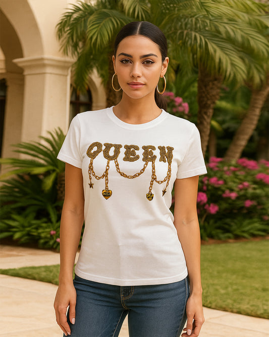 White “QUEEN” Chain Graphic T-Shirt