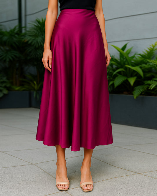 Magenta Satin Flared Midi Skirt