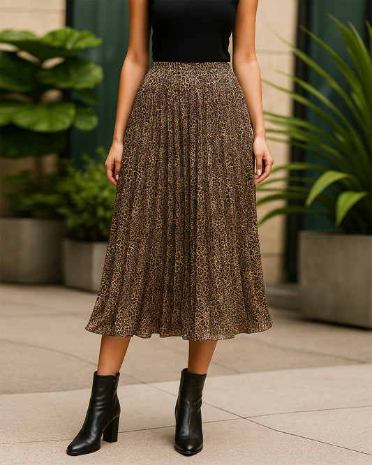 Leopard Print Pleated Midi Skirt