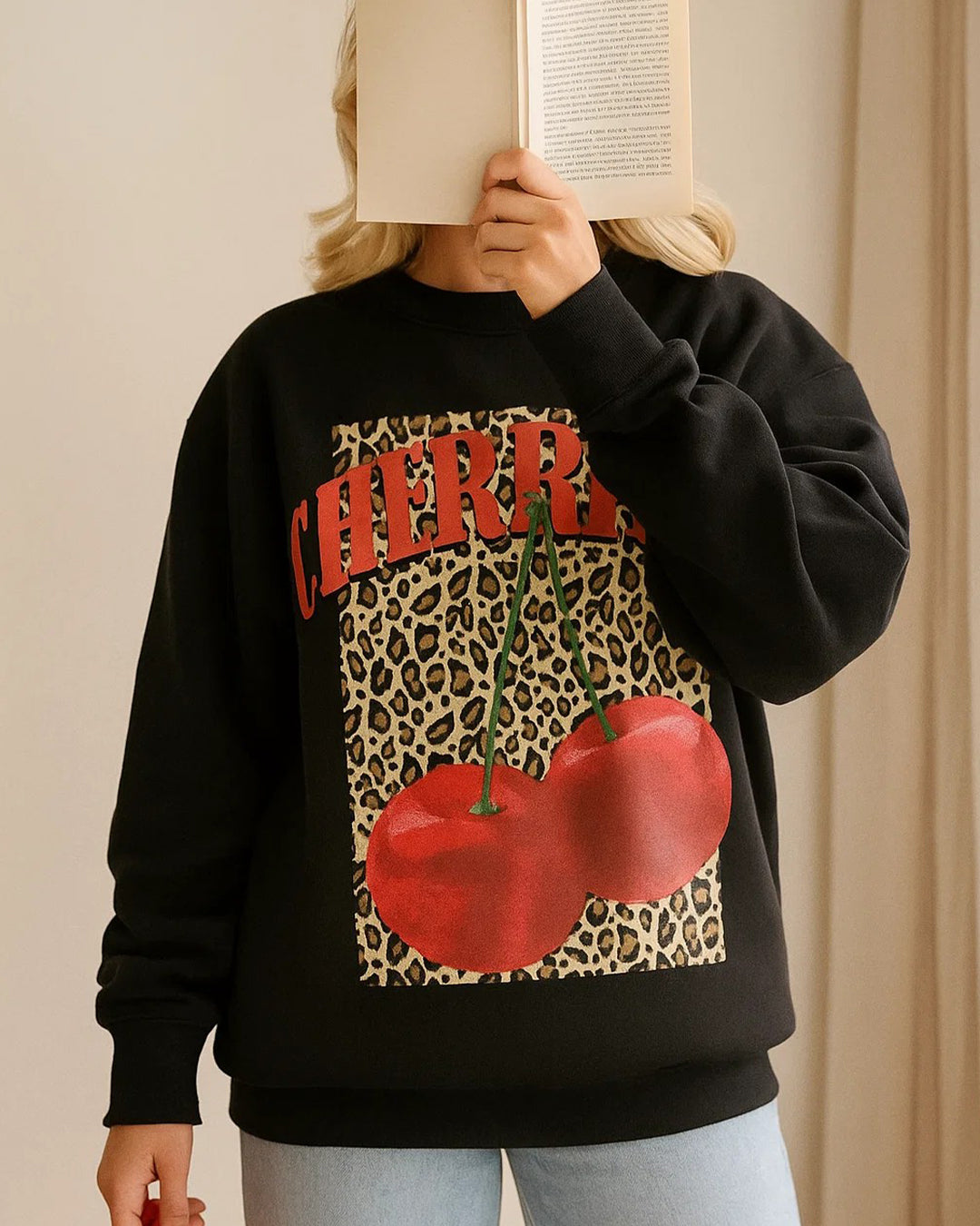 Cherry Leopard Graphic Black Sweatshirt
